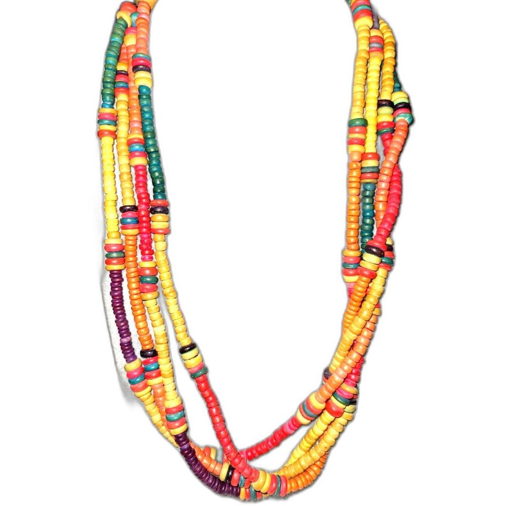 Vintage 1970's Wooden Beaded Necklace 23” Multi Strand Bohemian Multicolored